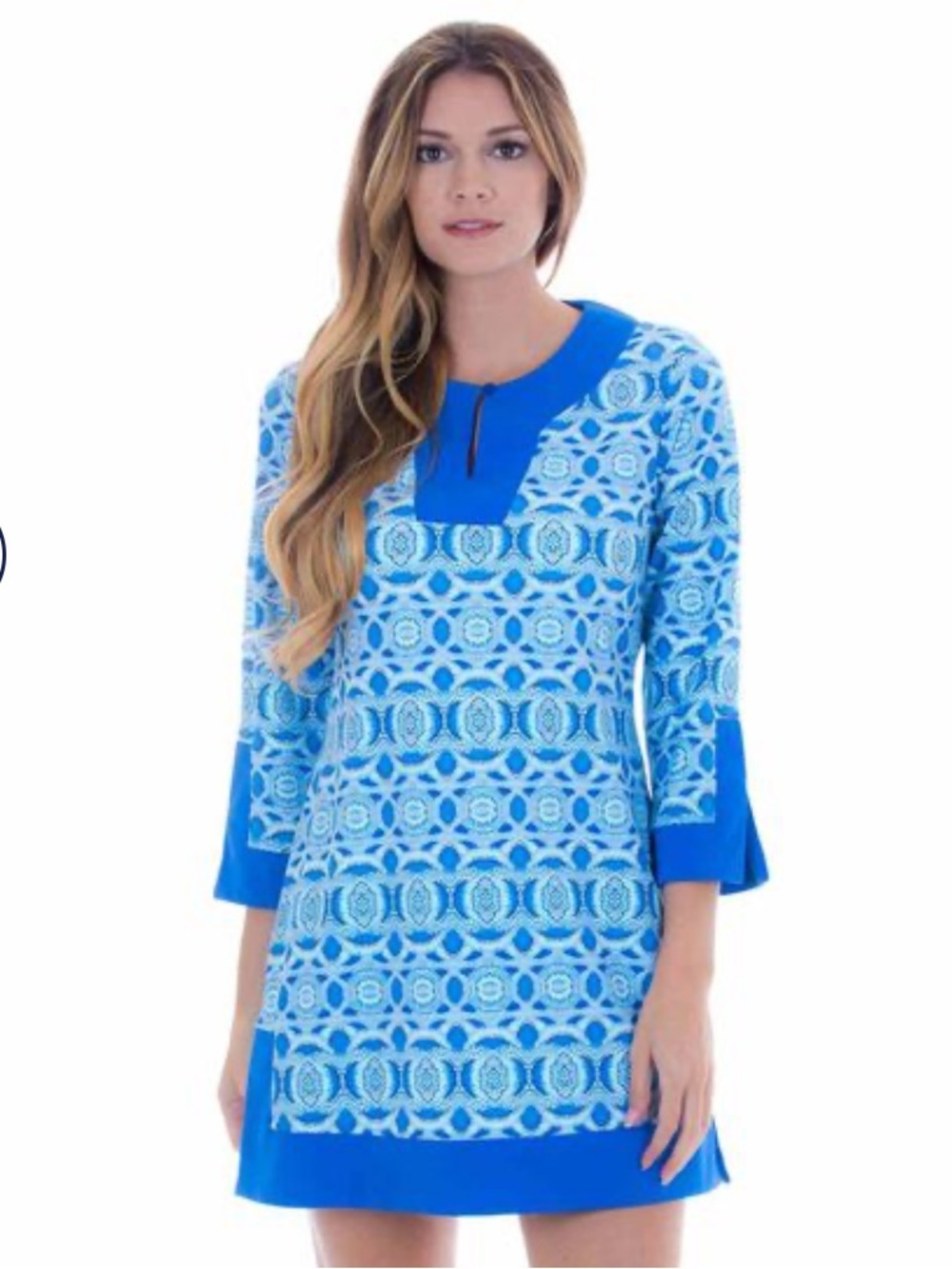 CABANA LIFE Cabana Life Tunic Dress UPF 50 3/4 Sleeves Blue Geo Print Size Large